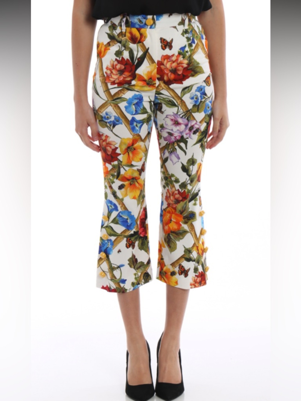 DOLCE & GABBANA Cropped Floral Bamboo Print Cotton Silk Pants - IT 38